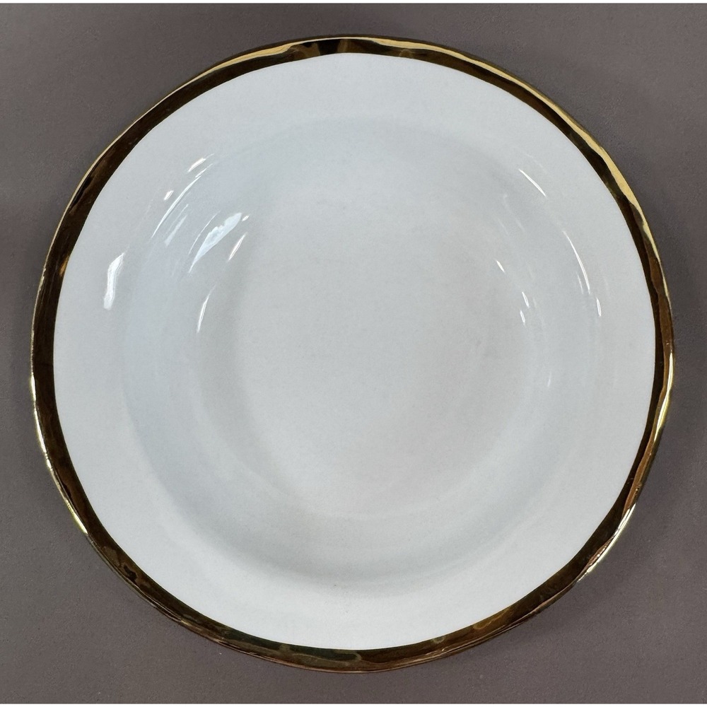 Pottery Barn Caroline Gold 9" Rimmed Soup Bowl White Porcelain Gold Trim HTF